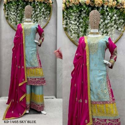 Designer Chinon Silk Sky Blue Sequence Work Sharara Suit