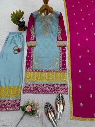 Designer Chinon Silk Sky Blue Sequence Work Sharara Suit