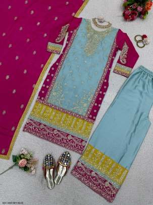 Designer Chinon Silk Sky Blue Sequence Work Sharara Suit