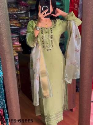 Designer Collection Green Pure Chinon Silk Kurti Pant Set