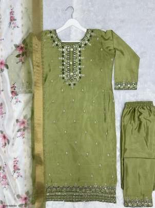Designer Collection Green Pure Chinon Silk Kurti Pant Set