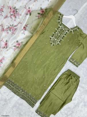 Designer Collection Green Pure Chinon Silk Kurti Pant Set