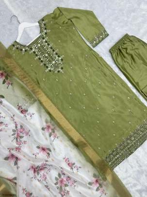 Designer Collection Green Pure Chinon Silk Kurti Pant Set
