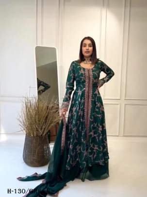 Designer Georgette Green Anarkali Sharara Suit Set