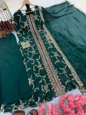 Designer Georgette Green Anarkali Sharara Suit Set