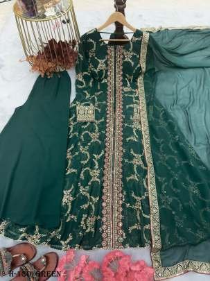 Designer Georgette Green Anarkali Sharara Suit Set