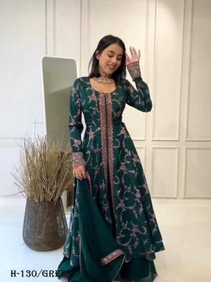 Designer Georgette Green Anarkali Sharara Suit Set