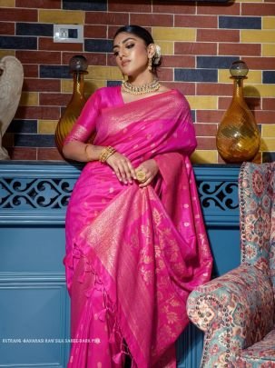 Designer Dark Pink Zari Weaving Border Work Banarasi Silk Saree