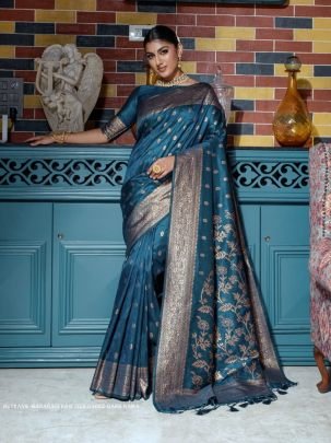 Designer Dark Rama Zari Weaving Border Work Banarasi Silk Saree