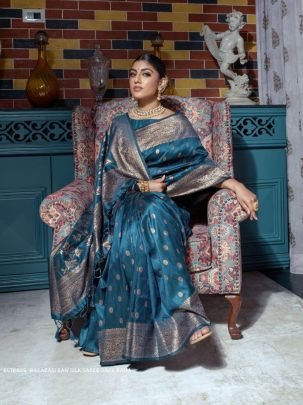 Designer Dark Rama Zari Weaving Border Work Banarasi Silk Saree