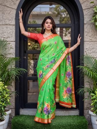 Designer Digital Floral Print Linen Saree In Parrot Green 