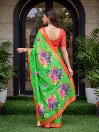 Designer Digital Floral Print Linen Saree In Parrot Green