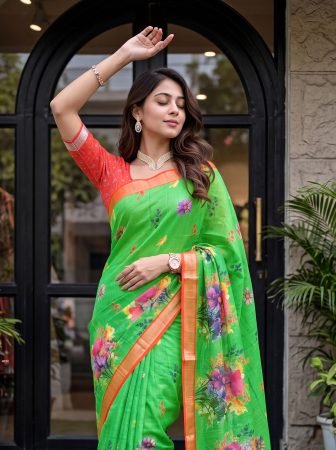 Designer Digital Floral Print Linen Saree In Parrot Green
