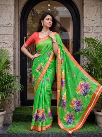 Designer Digital Floral Print Linen Saree In Parrot Green
