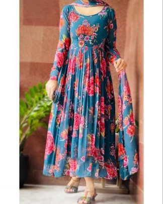 Designer Digital print with lace broder Fox Gorgette Kurtis