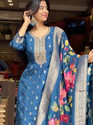 Designer Fancy Blue Kurti With Bottom And Duppata Set