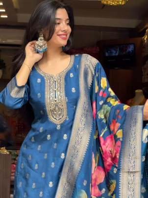 Designer Fancy Blue Kurti With Bottom And Duppata Set