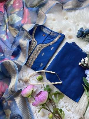 Designer Fancy Blue Kurti With Bottom And Duppata Set