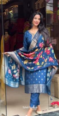 Designer Fancy Blue Kurti With Bottom And Duppata Set