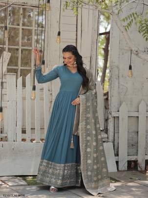 Designer Fancy Teal Blue Georgette Gown With Sequins Work