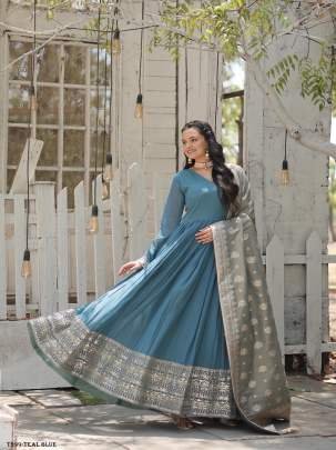 Designer Fancy Teal Blue Georgette Gown With Sequins Work