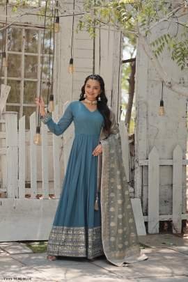 Designer Fancy Teal Blue Georgette Gown With Sequins Work