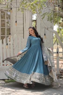 Designer Fancy Teal Blue Georgette Gown With Sequins Work