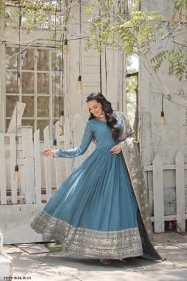 Designer Fancy Teal Blue Georgette Gown With Sequins Work