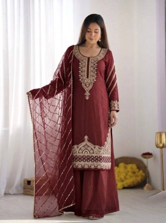 Designer Fandy Silk Beads Work Palazzo Suit Set
