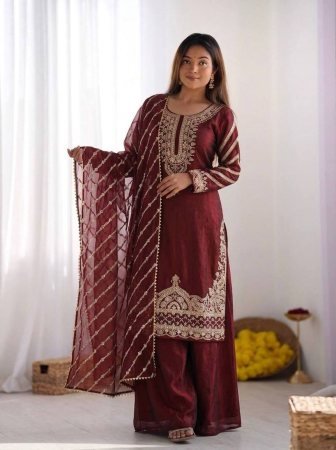 Designer Fandy Silk Beads Work Palazzo Suit Set