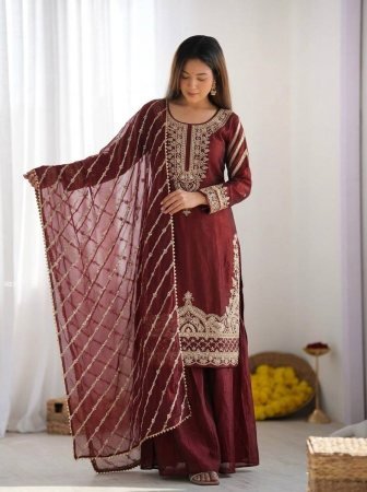 Designer Fandy Silk Beads Work Palazzo Suit Set