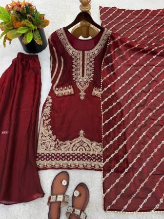 Designer Fandy Silk Beads Work Palazzo Suit Set