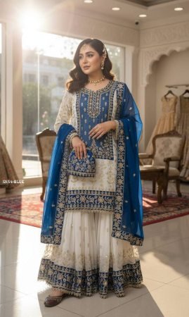 Designer Faux Georgette Kurti Sharara Set with Sequins And Zari Embroidery Dupatta   