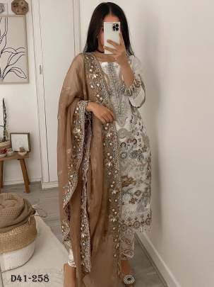 Designer Faux Georgette Kurti Pant Set With Cotton Thread Embroidery