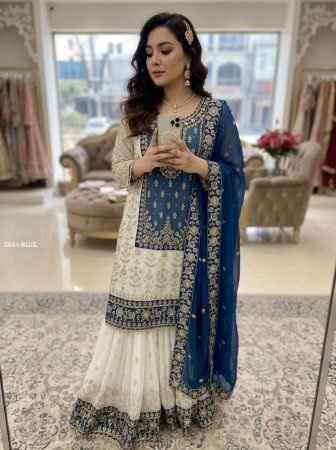 Designer Faux Georgette Kurti Sharara Set with Sequins And Zari Embroidery Dupatta