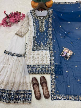 Designer Faux Georgette Kurti Sharara Set with Sequins And Zari Embroidery Dupatta