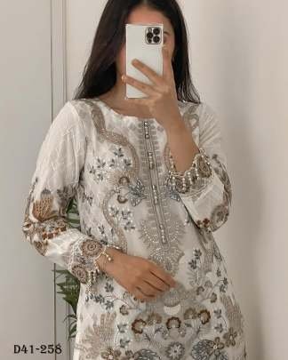 Designer Faux Georgette Kurti Pant Set With Cotton Thread Embroidery