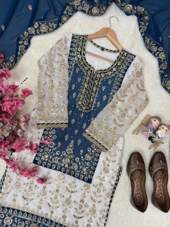 Designer Faux Georgette Kurti Sharara Set with Sequins And Zari Embroidery Dupatta