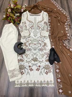 Designer Faux Georgette Kurti Pant Set With Cotton Thread Embroidery