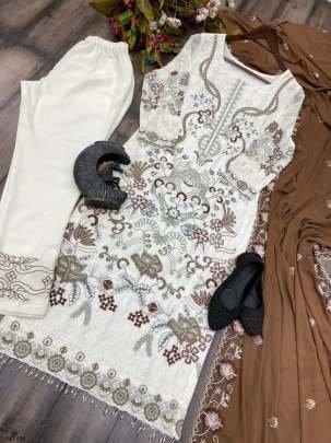 Designer Faux Georgette Kurti Pant Set With Cotton Thread Embroidery