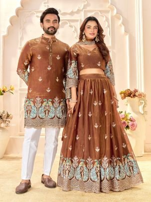 Designer Fendi Silk Lehenga With Men’s Kurta Couple Matching Outfit
