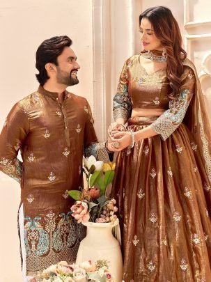 Designer Fendi Silk Lehenga With Men’s Kurta Couple Matching Outfit