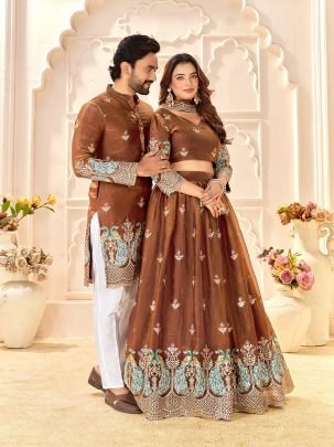 Designer Fendi Silk Lehenga With Men’s Kurta Couple Matching Outfit