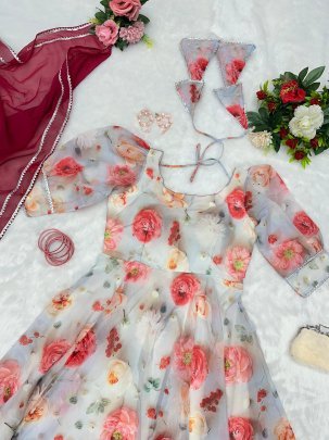 Designer Floral Gown with Matching Dupatta