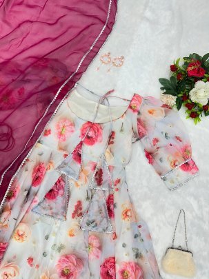 Designer Floral Gown with Matching Dupatta