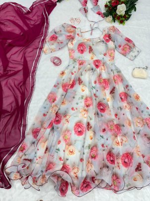 Designer Floral Gown with Matching Dupatta