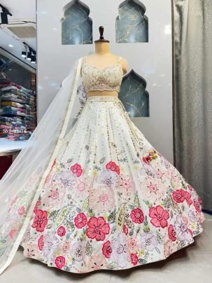 Designer Fox Georgette Sequins, Mirror Work White Lehenga 