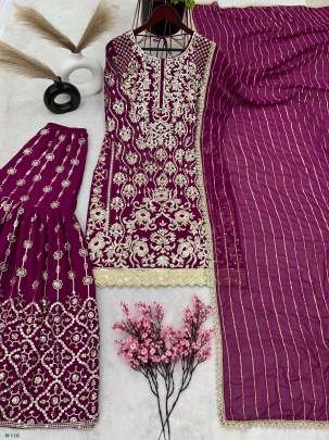 Designer Georgette Purple Suit Dupatta and Stitched Gharara