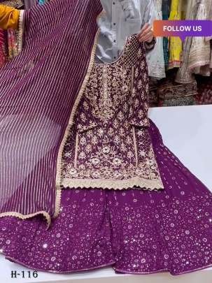 Designer Georgette Purple Suit Dupatta and Stitched Gharara