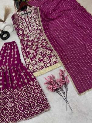 Designer Georgette Purple Suit Dupatta and Stitched Gharara